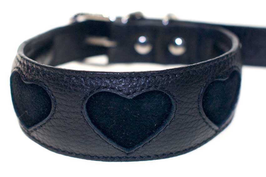Soft padded black leather hound collar with black suede hearts