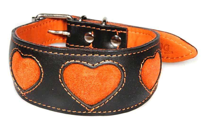 Hound collar with orange suede hearts