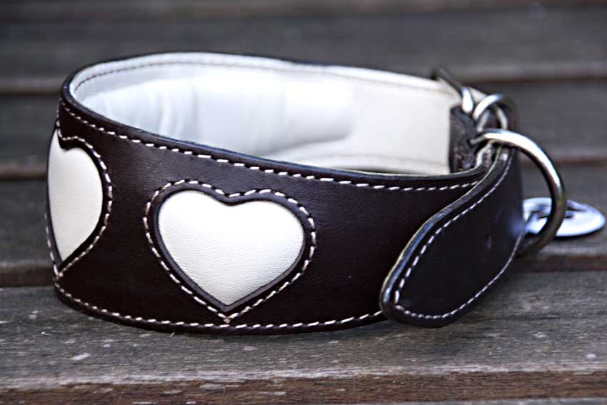 Soft padded brown leather hound collar with cream hearts
