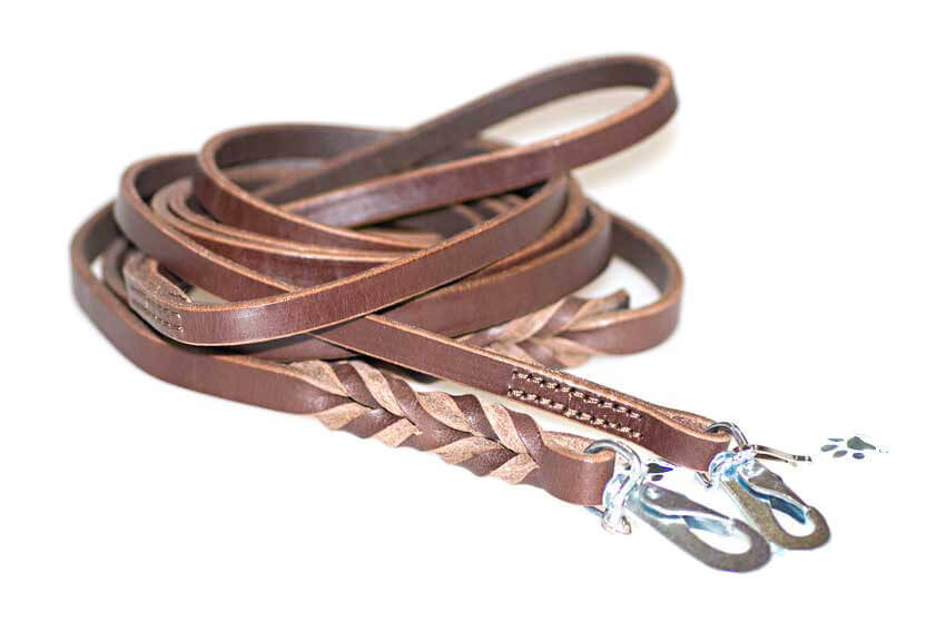 Dog Moda brown leather leashes - narrow stitched and wide plaited leash