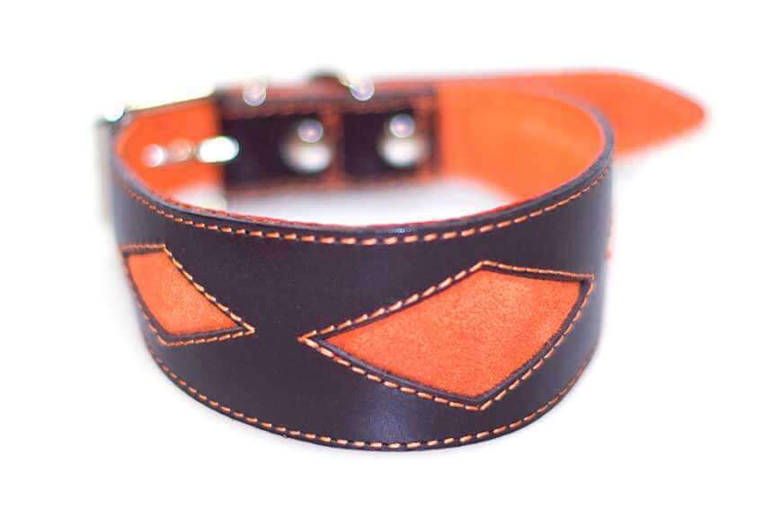 Orange diamond shapes on brown leather collar
