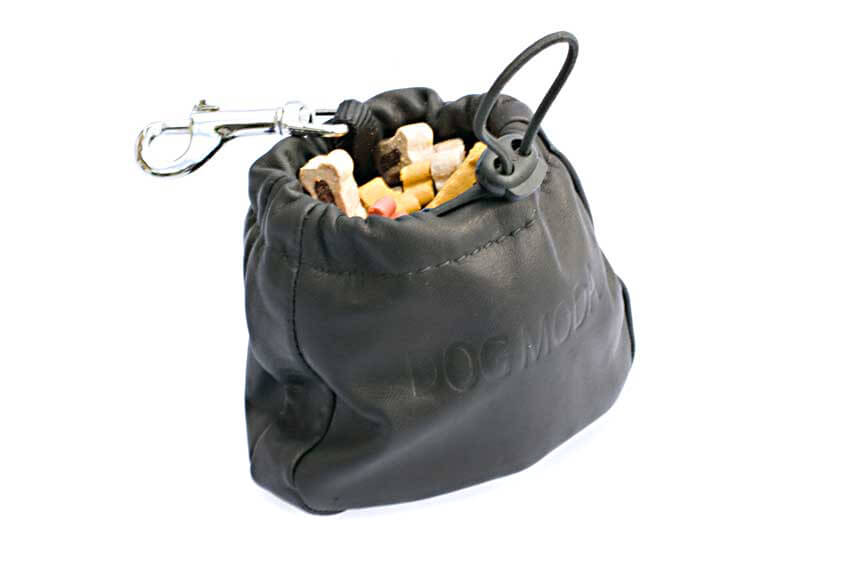 Black leather clip-on treat bag for dog training and dog shows