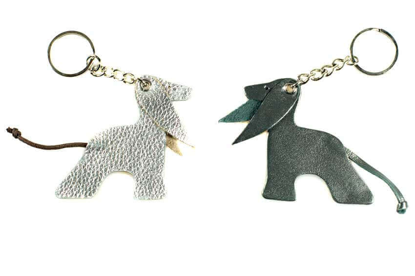 Afghan hound leather key rings in silver and silver blue