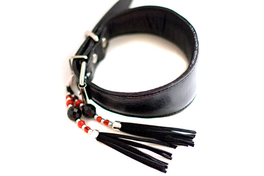 Black leather hound collar with decorative tassel
