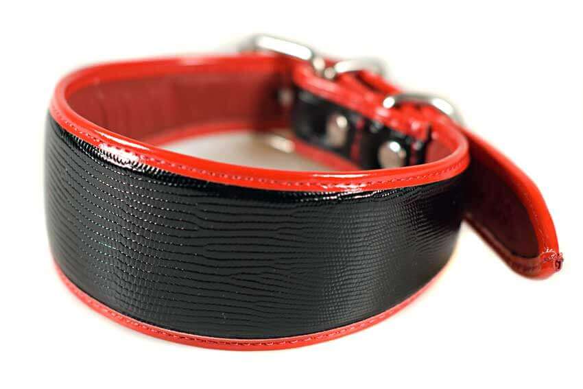 Traditional handmade black leather with red edge piping hound collar