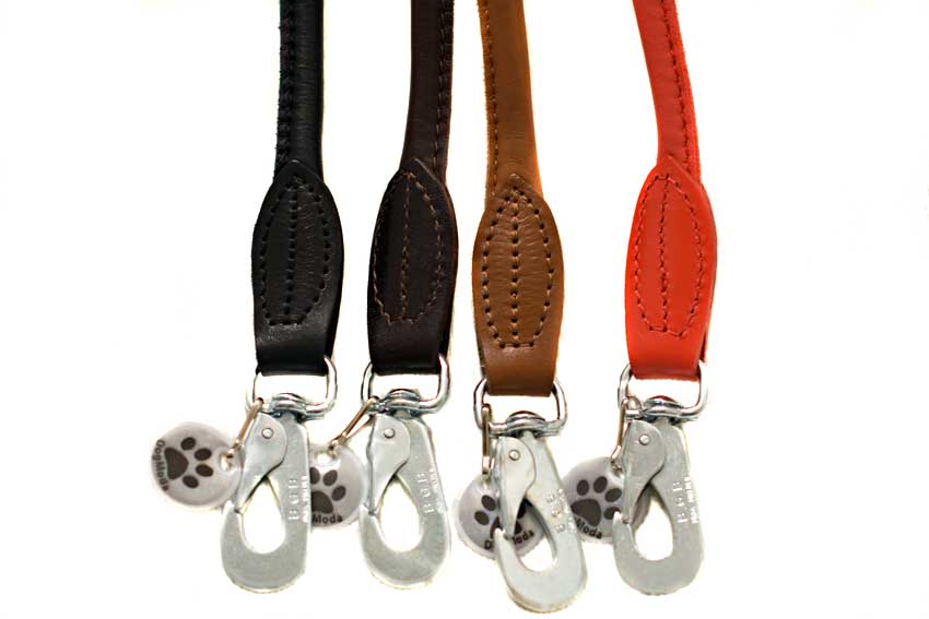 Rolled leather dog leads are available in red, brown, tan and black