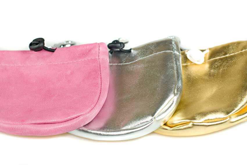 Treat pouches are available in black, red, brown, white, pink, silver and gold
