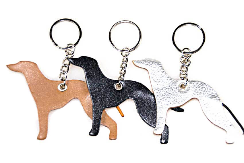 Whippet key rings fobs are available in fawn, black and silver