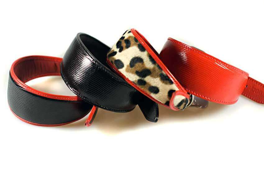Traditional handmade black leather with red edge piping hound collars from Dog Moda