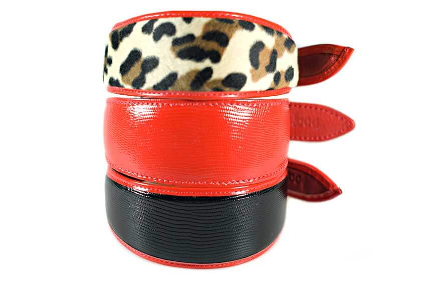 Traditional handmade red leather with black edge piping sighthound collars from Dog Moda