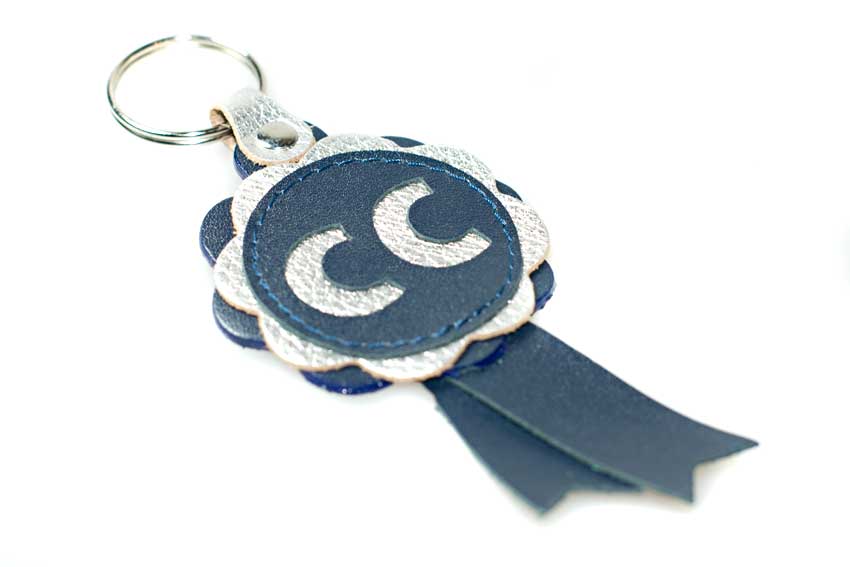 Blue leather CC winner show rosette key ring