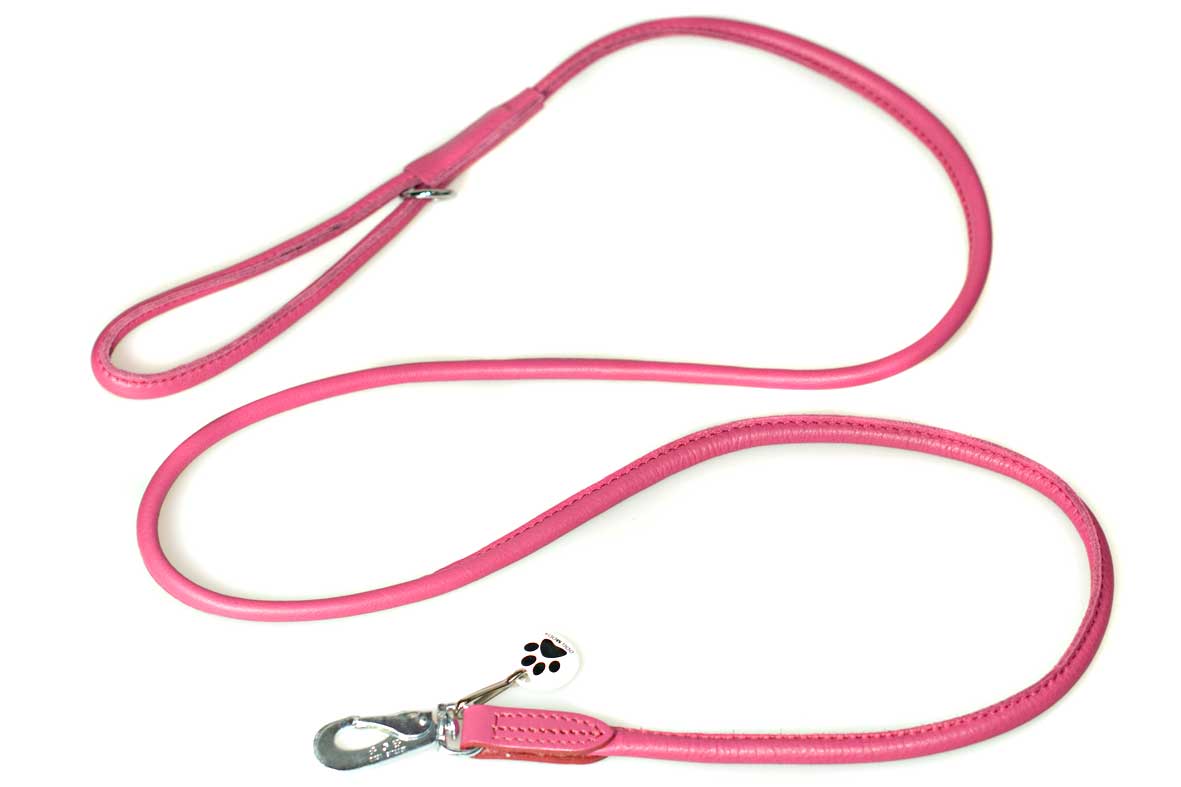 fuchsia pink rolled leather dog lead
