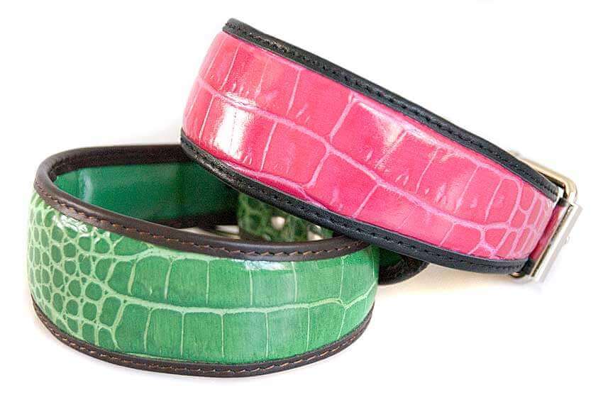 Animal print range of leather hound collars in bright green and fuchsia pink