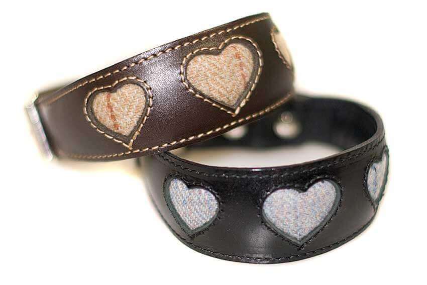 Dog Moda made to order Hearts collars in tweed supplied by customer