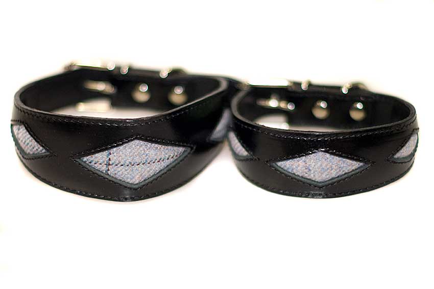 Custom made his and hers Rhombi collars in pale blue tweed and black leather supplied by customer