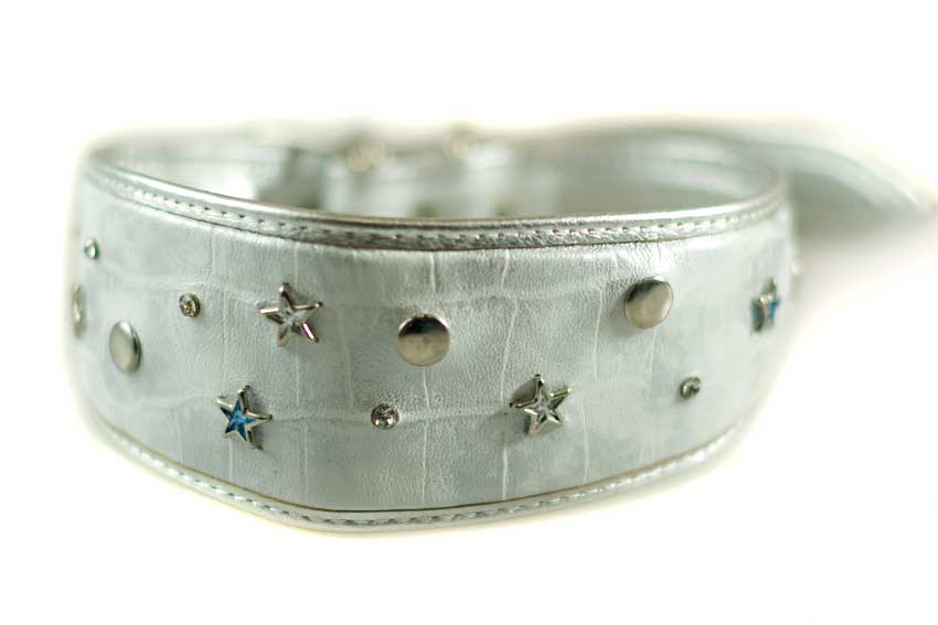 Silver crystal stars hound silver leather collar