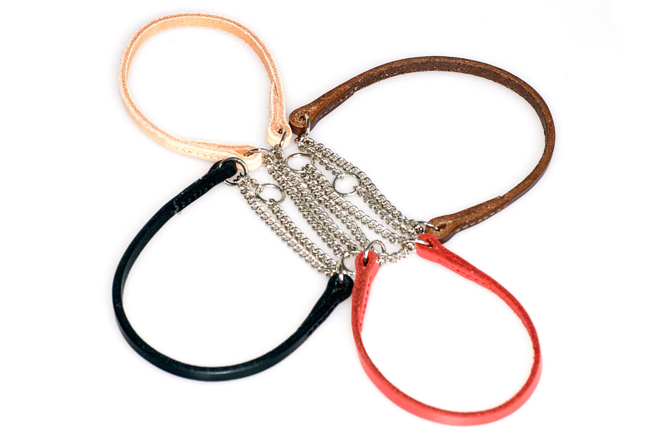 Leather martingale dog show collars are available in 4 colours