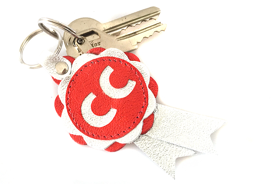 CC key ring in red and silver leather