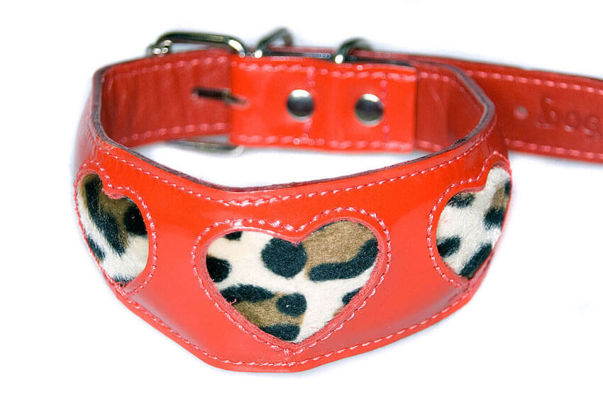 Red patent leather collar with leopard fur hearts