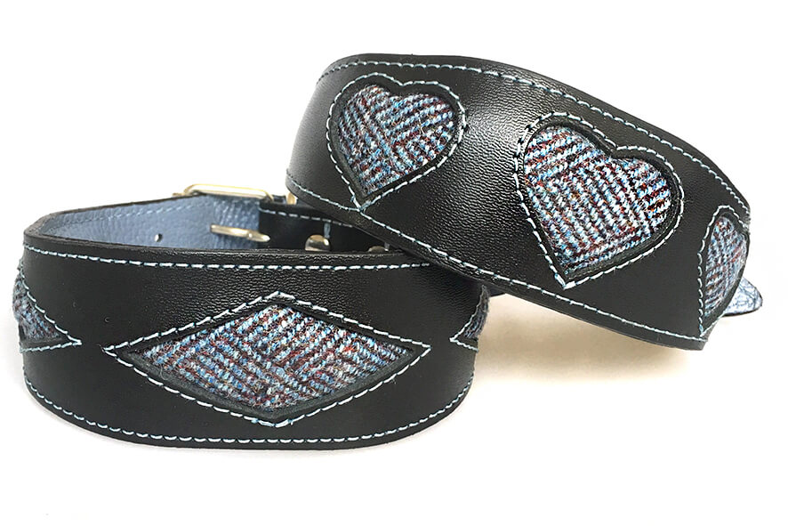 Tarras tweed hound collars in hearts and diamond designs
