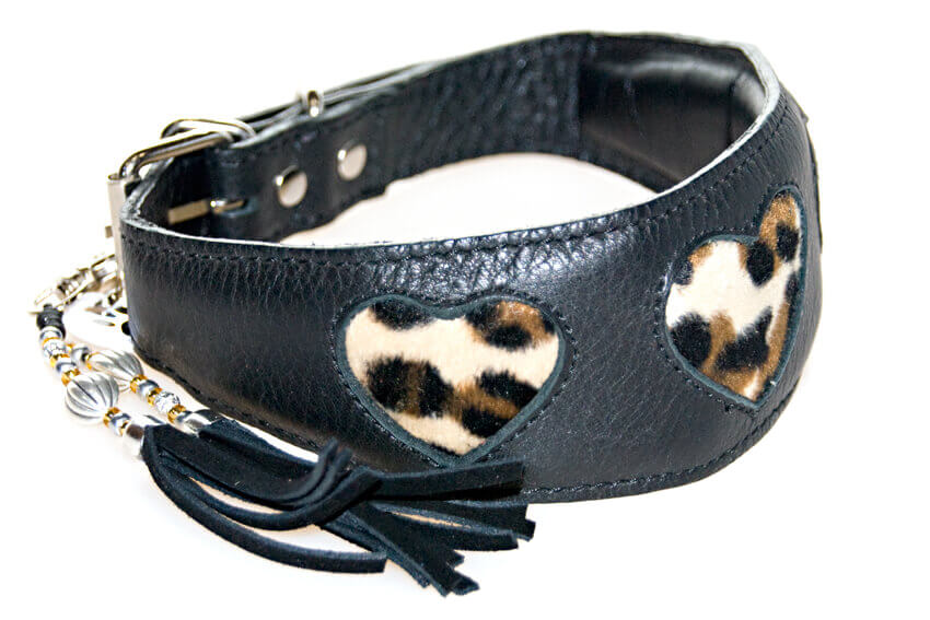 Black tassel on a black leopard hearts collar