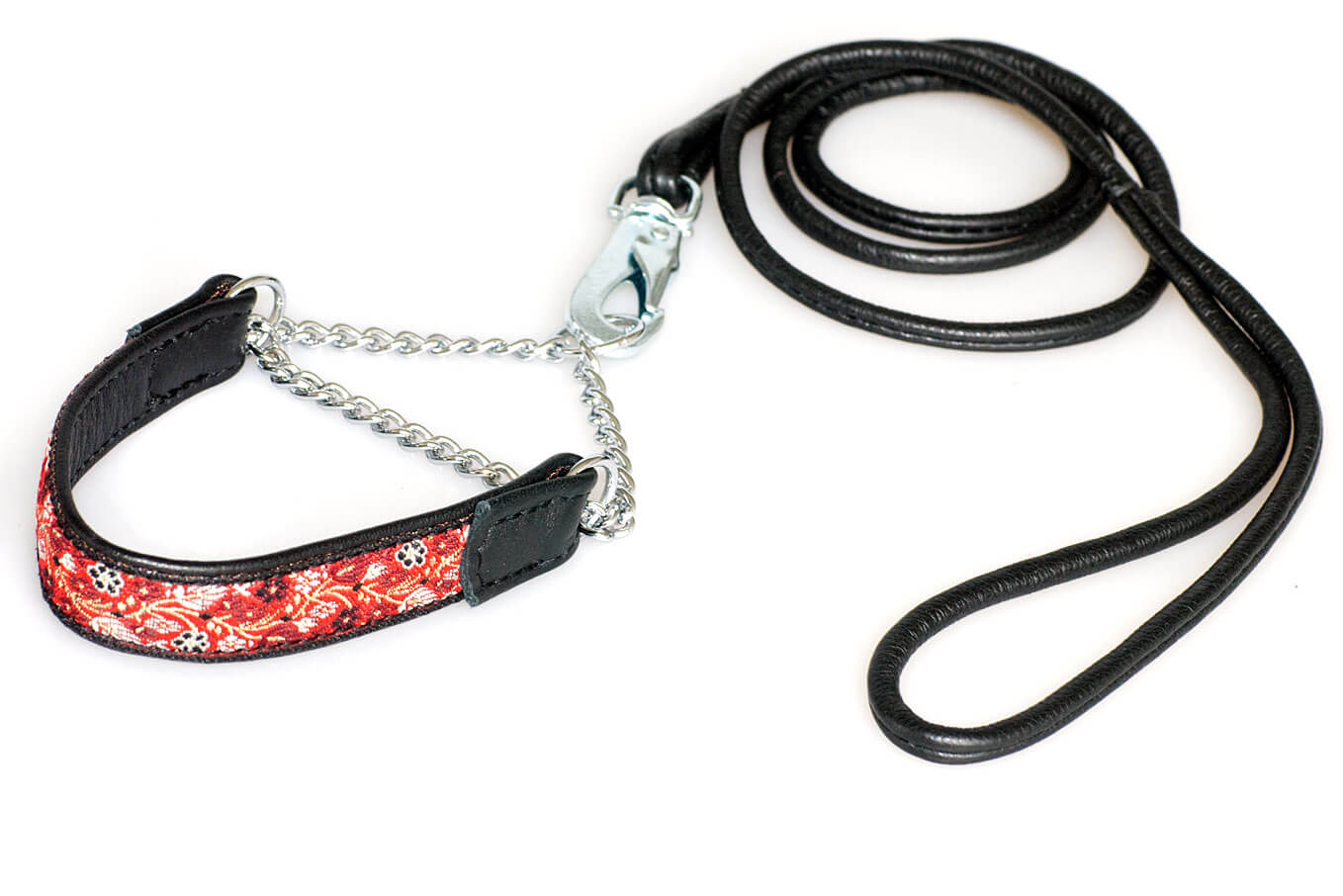 Black nappa leather double stitched lead to match ribbon collars