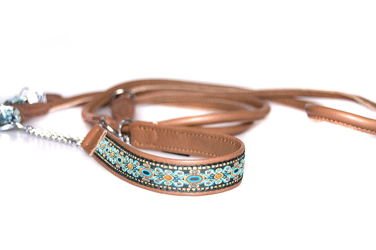 Soft leather martingale ribbon collar with rolled lead