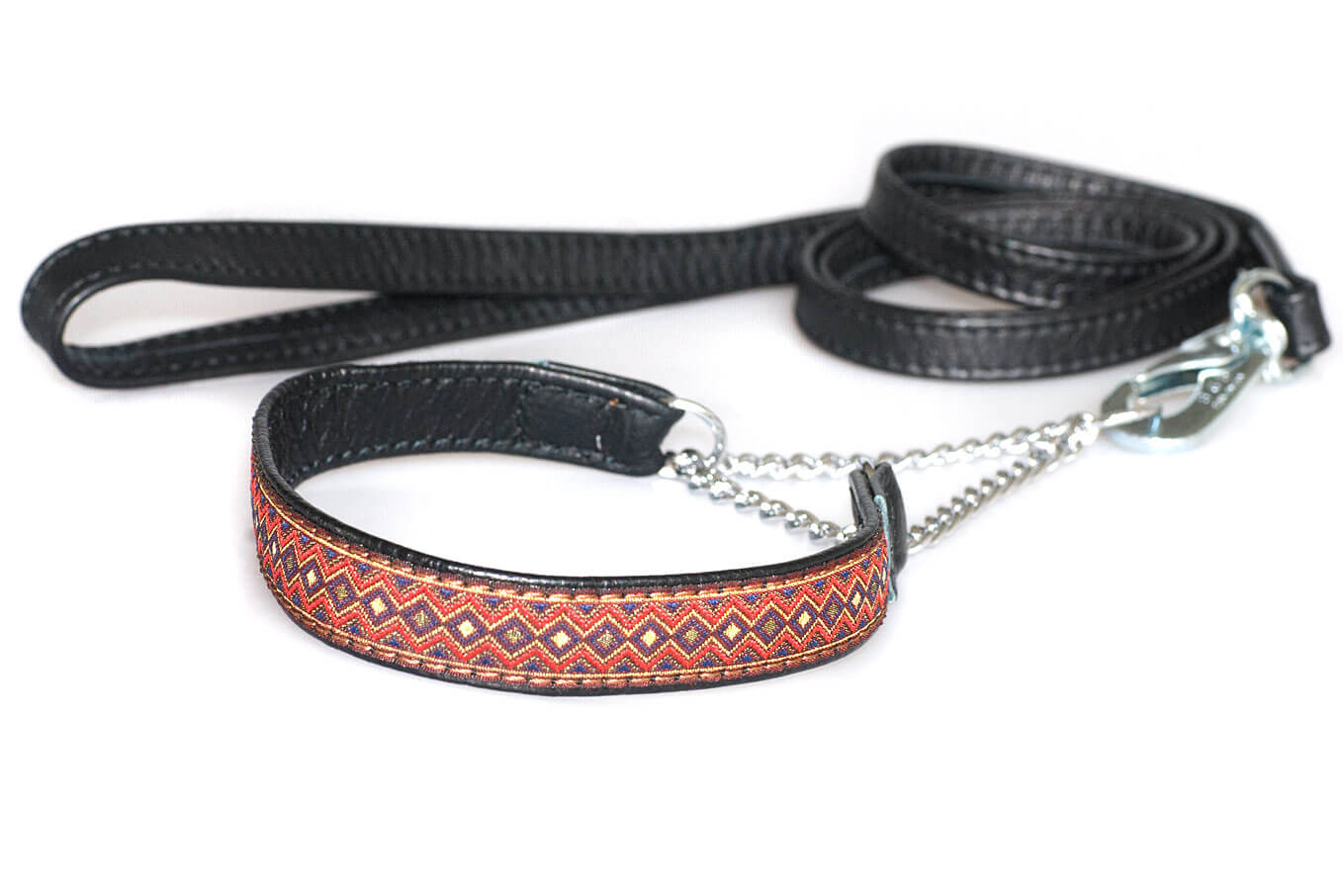 Black nappa leather double stitched lead to match ribbon collars