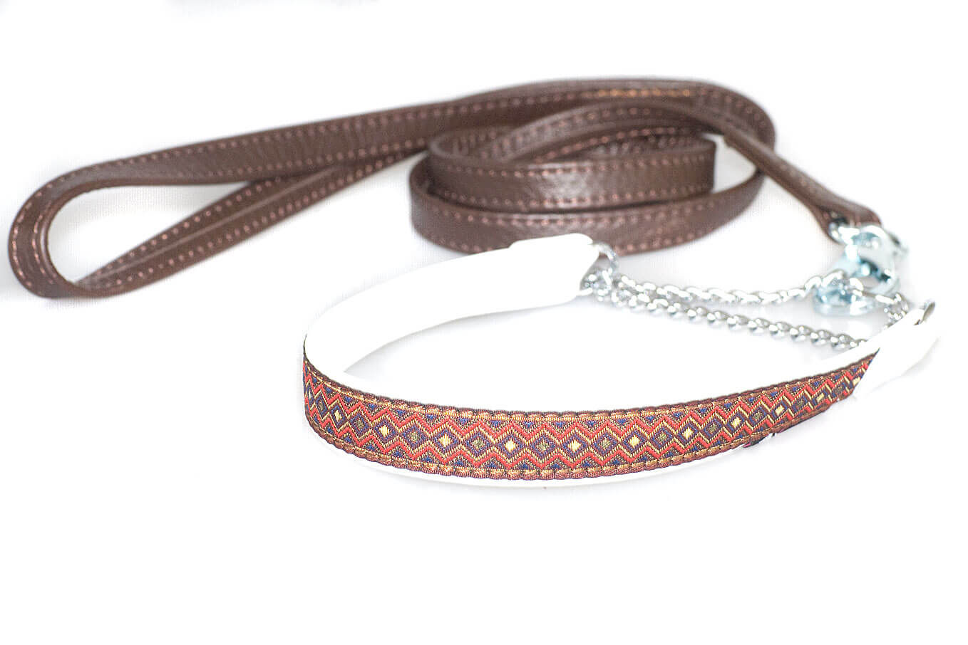 Brown nappa leather double stitched lead to match ribbon collars